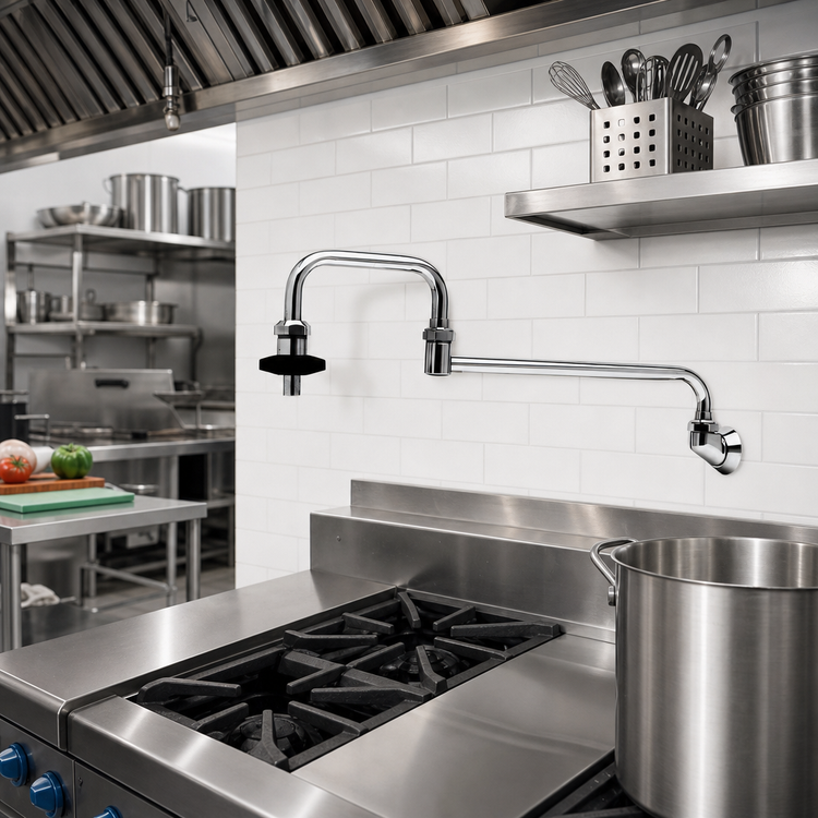 Product image #2 for T&S Brass Low-Lead Wall-Mounted Pot Filler Faucet with 18-Inch Double-Jointed Swing Nozzle