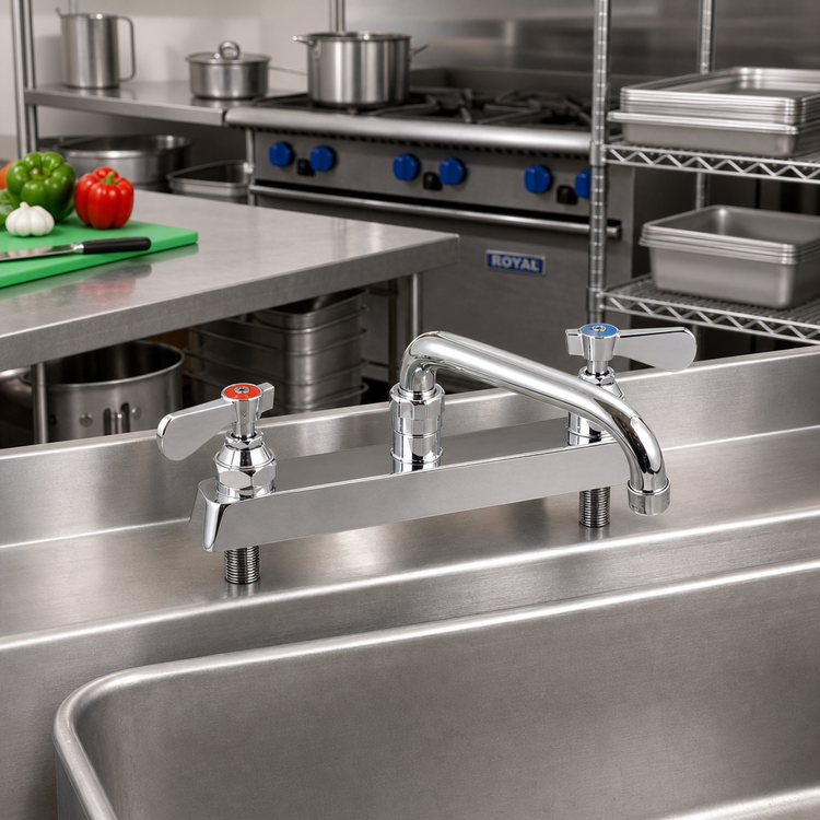 Product image #2 for BK Resources OptiFlow Lead-Free Heavy Duty Deck Mount Solid Body Faucet with 12-Inch Swing Spout, 8-Inch Centers