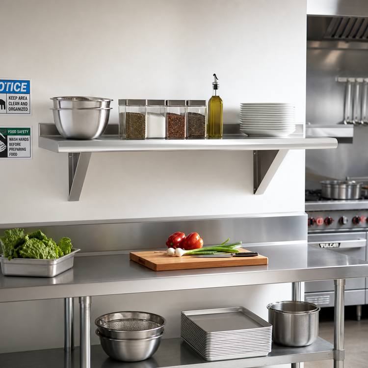 Product image #2 for Advance Tabco 84 Inch x 15 Inch Wall-Mounted Stainless Steel Shelf, 430 Satin Finish, Bullnose Edge