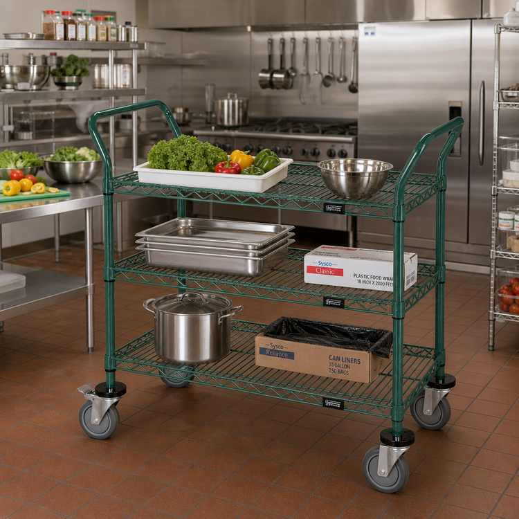 Product image #2 for Quantum WRC-2460P-3 3-Shelf Wire Utility Cart, 60 x 24 Inches, Green Epoxy Antimicrobial Finish