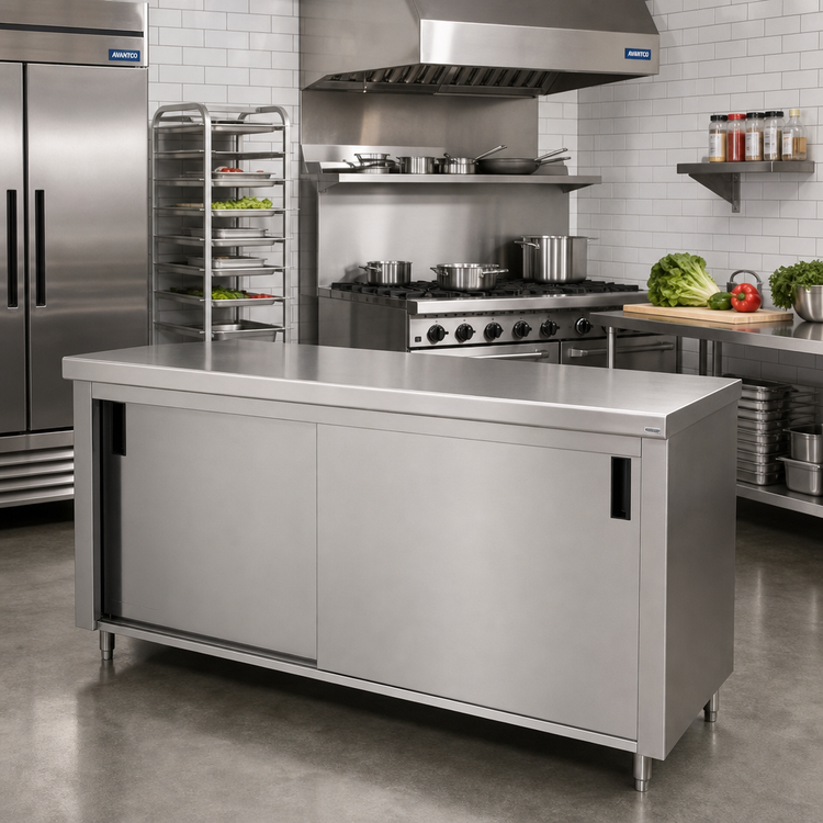 Product image #2 for Advance Tabco 84-Inch x 24-Inch Enclosed Work Table with Cabinet Base and Sliding Doors, 14-Gauge 304 Stainless Steel Top