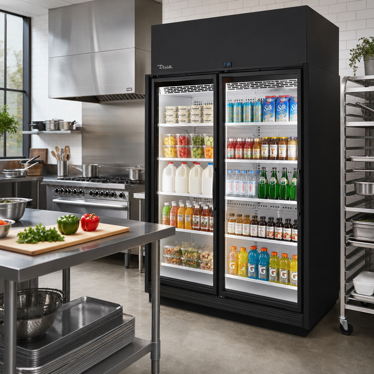 Product image #2 for True 2-Section Medium Temp Self-Contained Glass Door Merchandiser Refrigerator, Black Exterior/White Interior