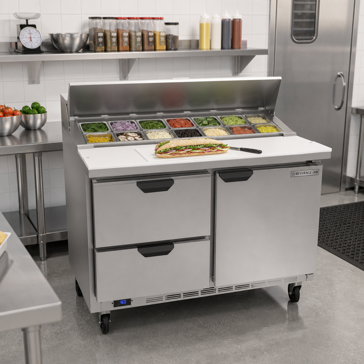 Product image #3 for Beverage-Air SPED48HC-12-2 48-Inch 2-Section Sandwich Prep Table with 1 Door, 2 Drawers and 12-Pan Top