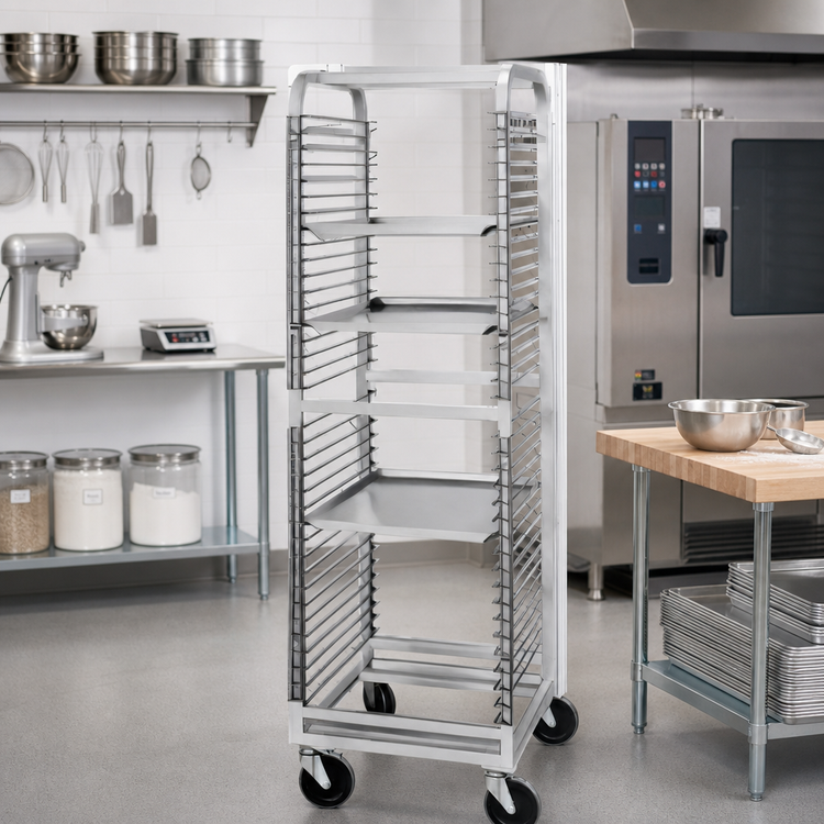 Product image #2 for Channel Manufacturing Aluminum End-Load Wire Slide Bun Pan Rack on 5-Inch Swivel Casters, 18-Pan Capacity