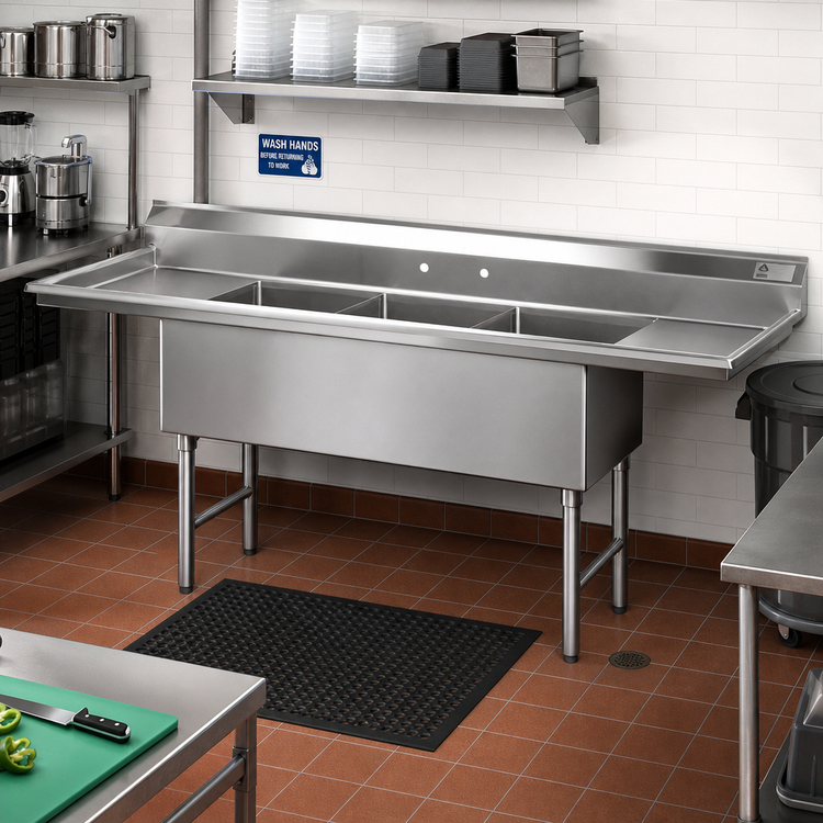 Product image #2 for Advance Tabco 3-Compartment Fabricated Sink with 24-Inch Left and Right Drainboards, 30-Inch x 30-Inch x 14-Inch Deep Bowls