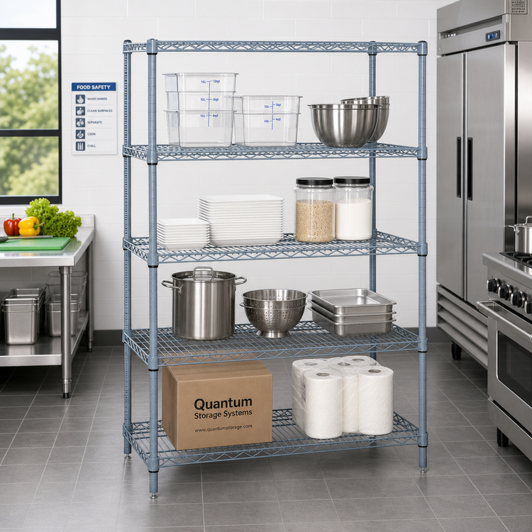 Product image #2 for Quantum Wire Shelving Starter Kit, 60 x 30 x 86 Inches, 4 Shelves, Gray Epoxy Antimicrobial Finish