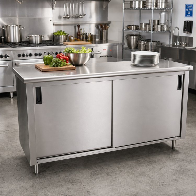 Product image #2 for Advance Tabco Special Value Economy Enclosed Work Table with Sliding Doors, 96 x 24 Inches, 16-Gauge 304 Stainless Steel Top