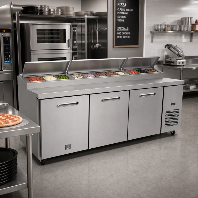 Product image #2 for Kelvinator Commercial KCHPT92.12 3-Door Self-Contained Pizza Prep Table, 94-3/16-Inch Wide, 32 Cu. Ft.