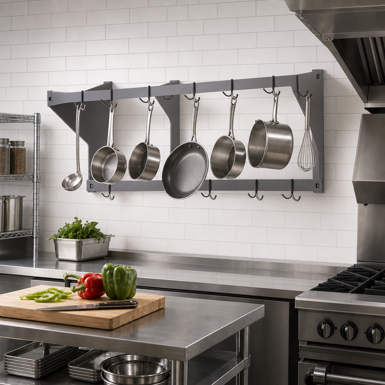Product image #2 for Eagle Group 60-Inch Wall-Mounted Aluminum Double-Bar Pot Rack with 10 Hooks
