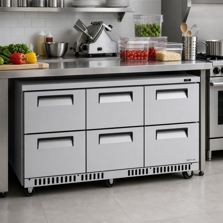 Product image #2 for Turbo Air Super Deluxe 72-5/8-Inch Three-Section Undercounter Drawer Refrigerator with 6 Drawers and Front Breathing Airflow