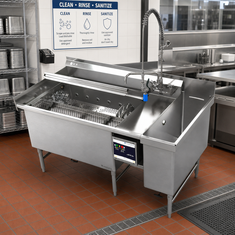 Product image #2 for Power Soak 69-1/2-Inch Wide Left-to-Right Skewer Soak Dishtable, Heated 42-Inch Wash Tank, 208V/3-Phase