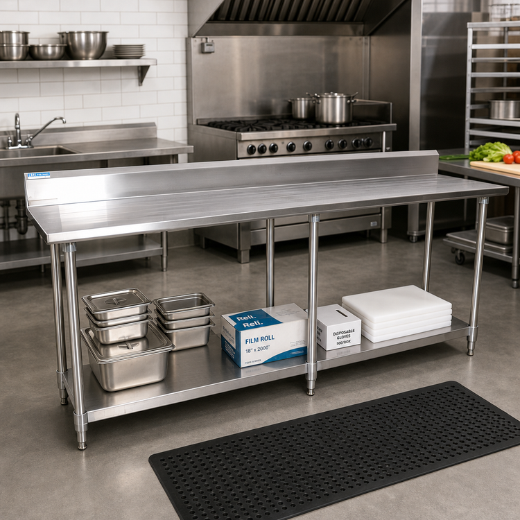 Product image #2 for BK Resources 84-Inch x 24-Inch Stainless Steel Work Table with 5-Inch Riser and Undershelf