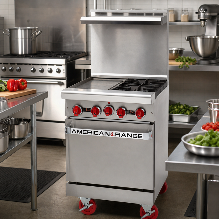 Product image #2 for American Range 24-Inch Gas Restaurant Range with 12-Inch Left Griddle, 2 Open Burners and Space Saver Oven