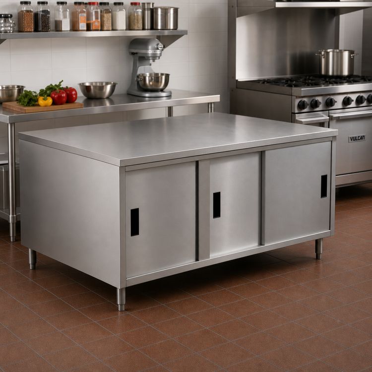 Product image #2 for BK Resources Dual Access Stainless Steel Chef Table Cabinet Base with Sliding Doors, 96 x 30 x 34-3/4 Inches