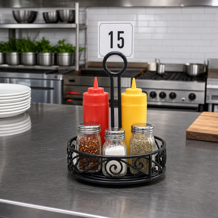 Product image #2 for Ironworks 6-1/4-Inch Round Black Wrought Iron Condiment Rack with Center Handle and Table Number Slot