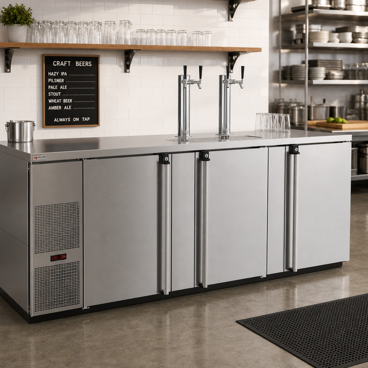 Product image #2 for Pro-Line E-Series Three-Section 5-Keg Direct Draw Draft Beer Cooler, Stainless Steel, 95-1/2 Inch W, 4 Faucets