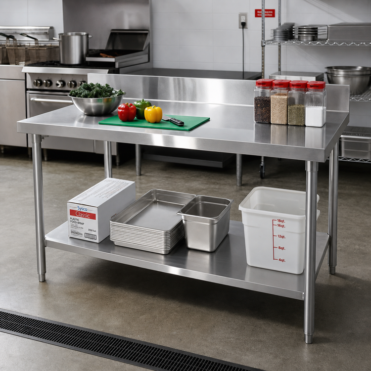 Product image #2 for Thunder Group 84-Inch x 24-Inch Stainless Steel Work Table with 4-Inch Backsplash and Adjustable Undershelf