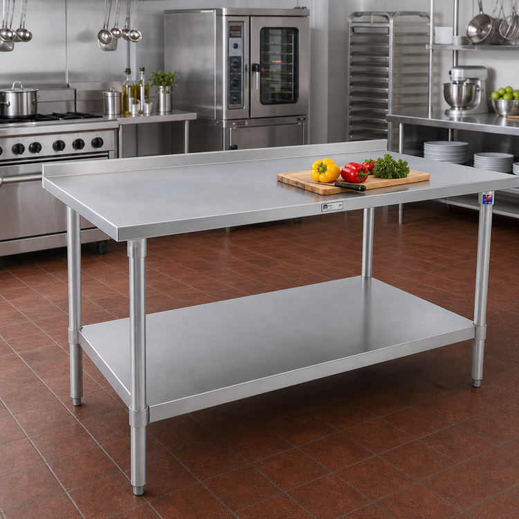 Product image #2 for John Boos Stallion 120-Inch x 24-Inch Stainless Steel Work Table with 1-1/2-Inch Rear Up-Turn and Galvanized Undershelf