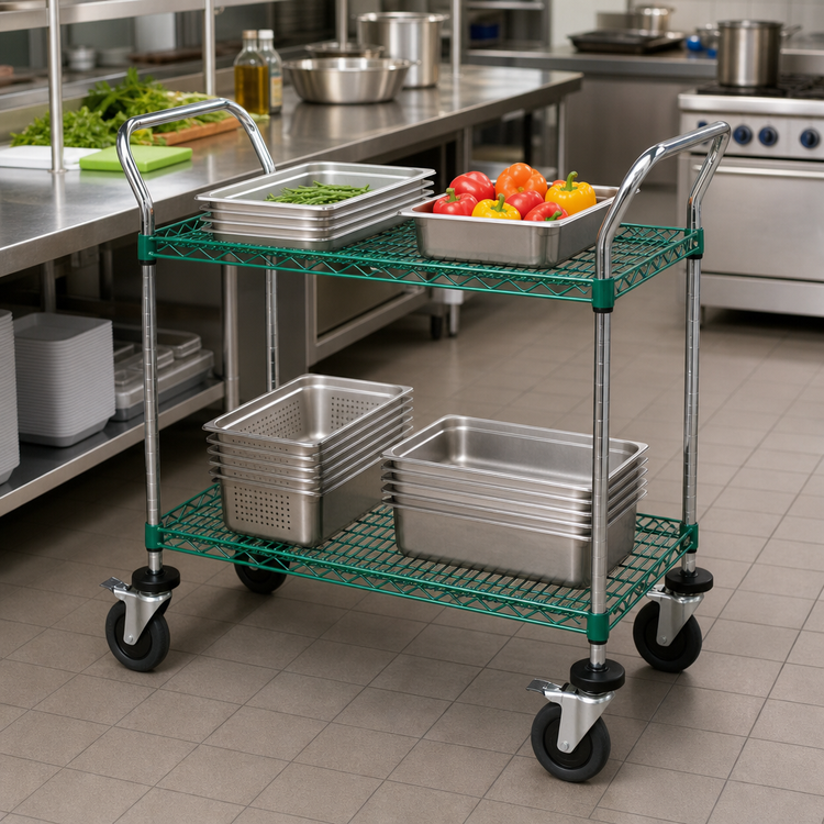Product image #2 for Quantum 48 x 18-Inch Green Epoxy 2-Shelf Wire Utility Bus Cart, 1,200 lb Capacity