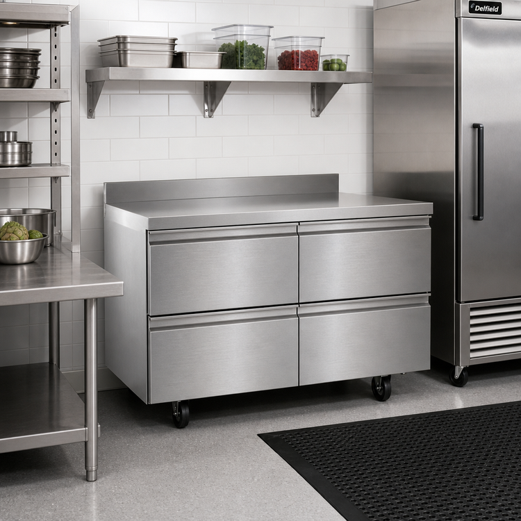 Product image #2 for Delfield 60-Inch Two-Section Undercounter Worktop Drawer Freezer with 4 Drawers and 4-Inch Backsplash