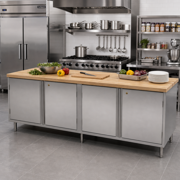 Product image #2 for 96-Inch Hard Maple Chef Table with Locking Hinged Doors and Stainless Steel Cabinet Base