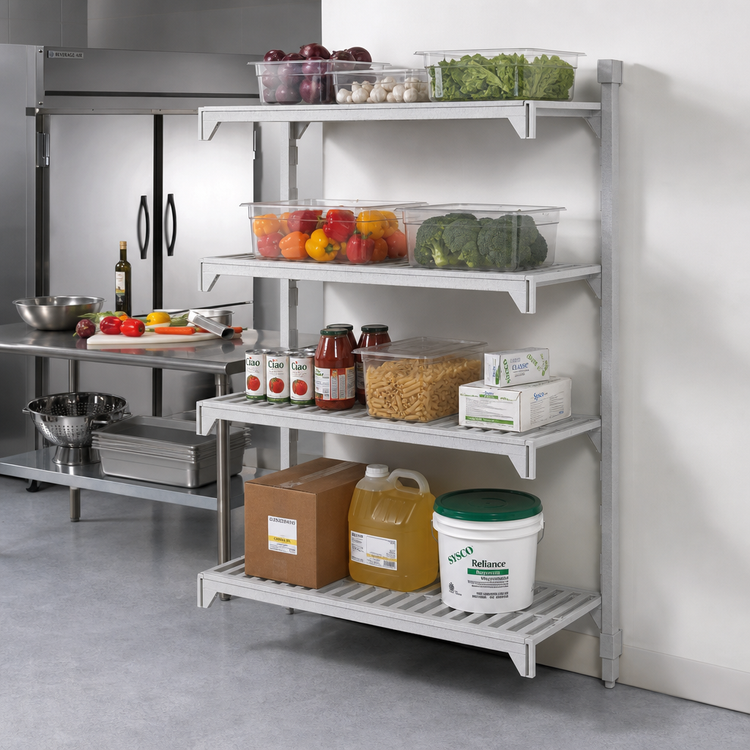 Product image #3 for Cambro Camshelving Premium 24" Deep x 60" Long x 72" High 4-Tier Vented Add-On Polymer Shelving Unit, Speckled Gray