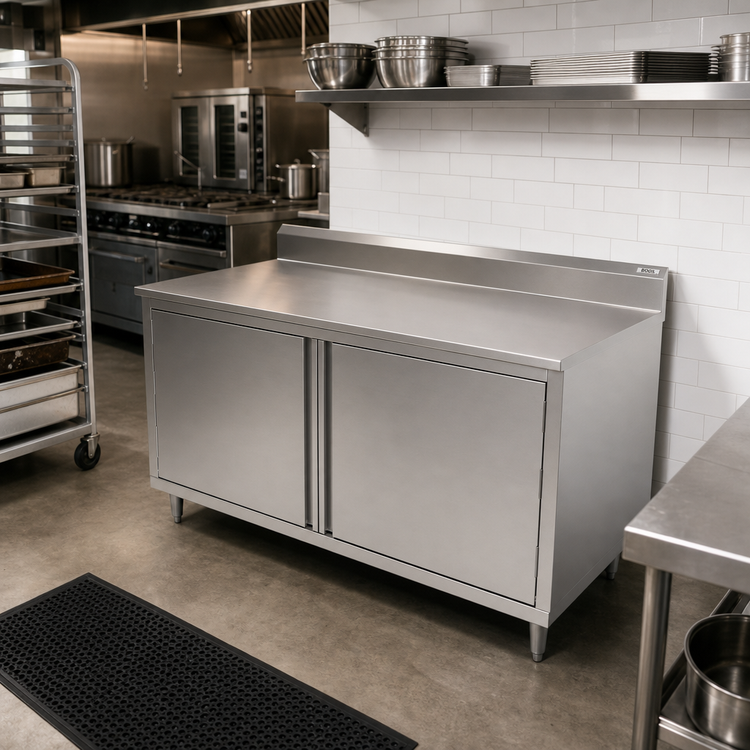 Product image #2 for John Boos 72" x 30" Stainless Steel Enclosed Work Table with Cabinet Base, Hinged Doors and 5" Backsplash