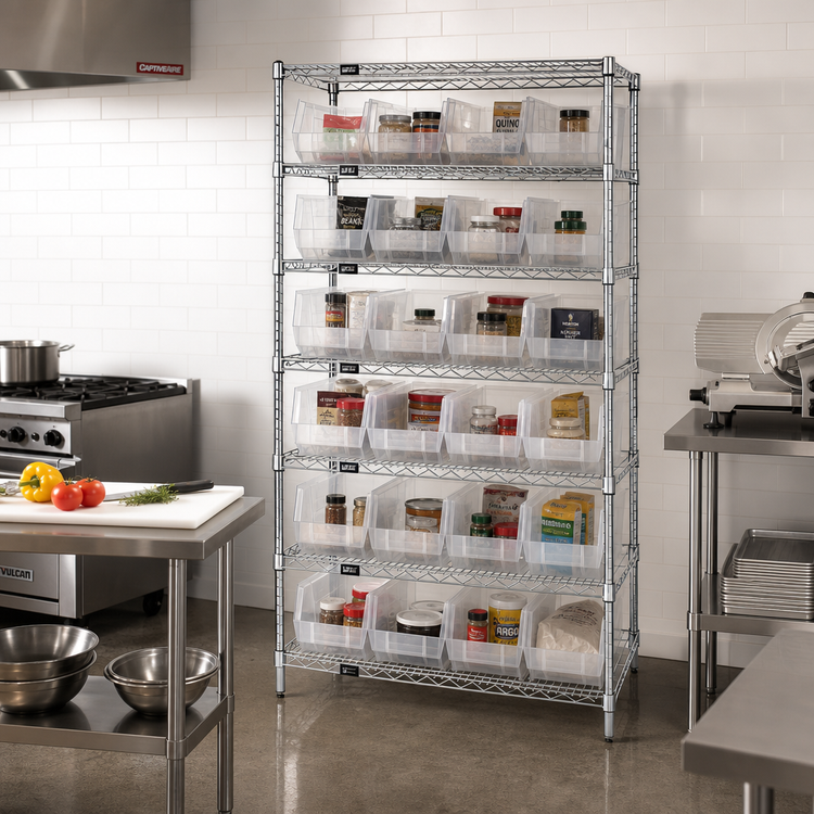 Product image #2 for Quantum Stationary Bin Wire Shelving System with 8 Shelves and 28 Clear Bins, 36 x 14 x 74 Inches, Chrome Plated