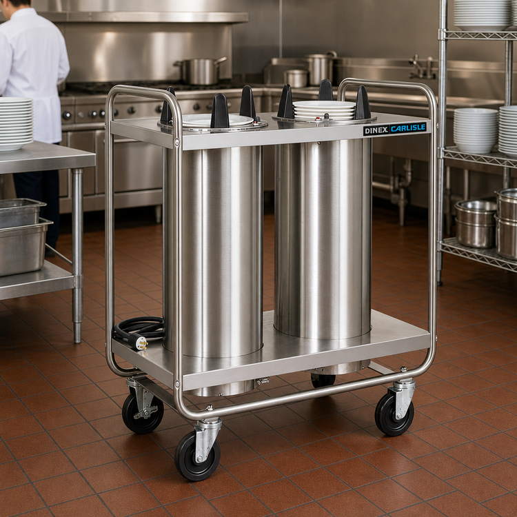 Product image #2 for Dinex Mobile Open Frame Unheated Plate Dispenser with 2 Self-Elevating Tubes, Stainless Steel, 10-1/8 Inch Max Diameter