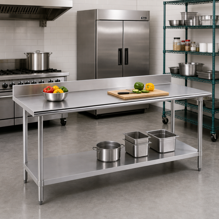 Product image #2 for Commercial Stainless Steel Work Table with 5-Inch Backsplash and Adjustable Undershelf, 144 x 24 Inches