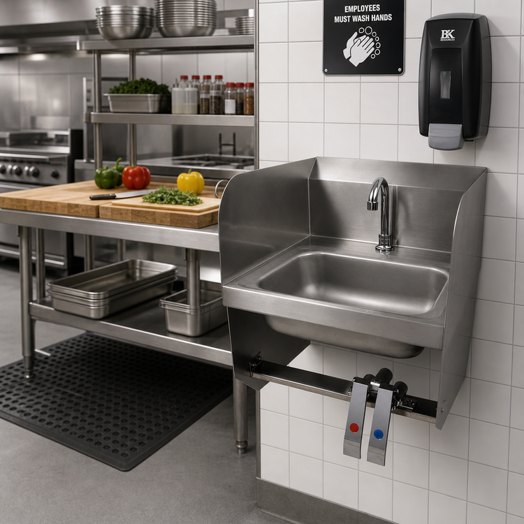 Product image #2 for BK Resources Wall-Mounted Hand Sink with Knee Valve and Gooseneck Spout, 14 x 10 x 5 Bowl, 304 Stainless Steel