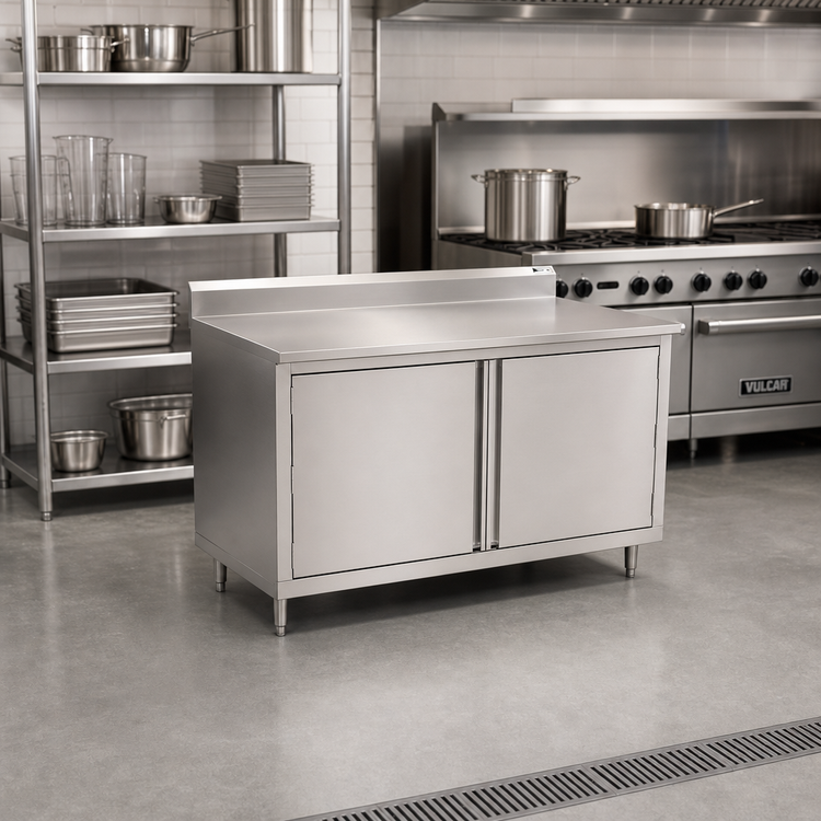 Product image #2 for John Boos Enclosed Work Table with Hinged Door Cabinet Base, 36 x 24 Inches, 14-Gauge 300 Series Stainless Steel Top, 5-Inch Backsplash