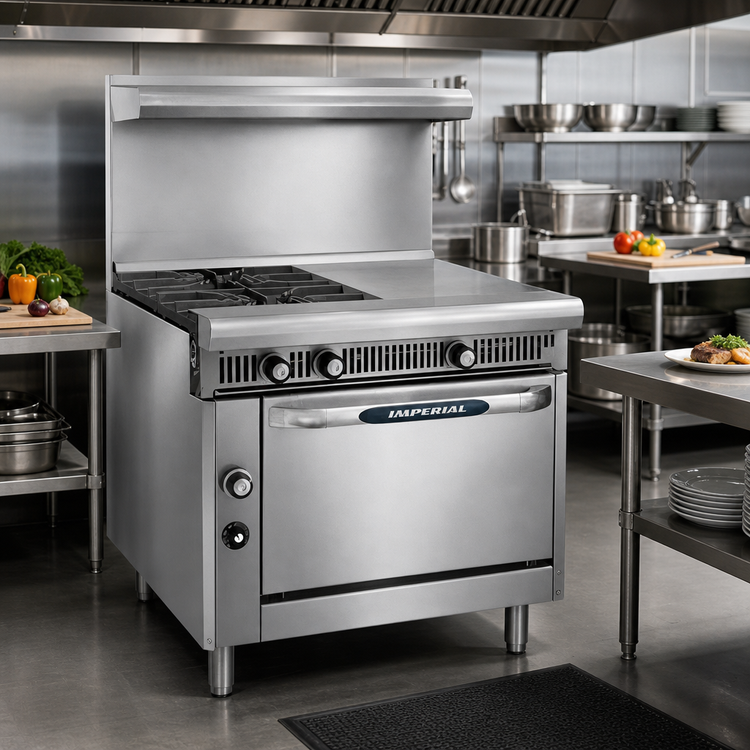 Product image #2 for Imperial Spec Series Heavy-Duty 36-Inch Gas Range with 3 Open Burners, 3 Hot Tops, and Open Cabinet Base