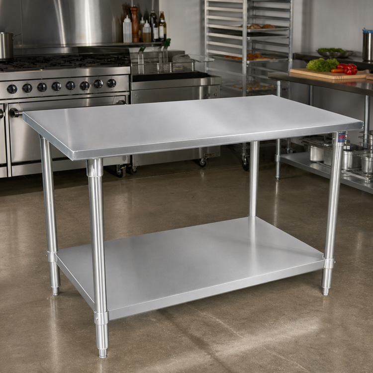 Product image #2 for John Boos Stallion 84-Inch x 30-Inch 16-Gauge 300-Series Stainless Steel Flat Top Work Table with Galvanized Legs and Adjustable Undershelf