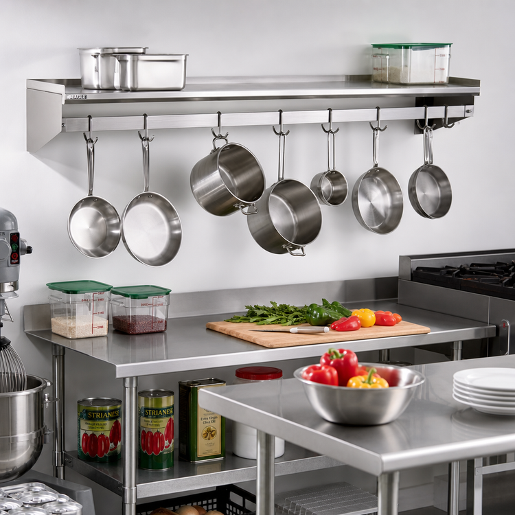 Product image #2 for Eagle Group Wall-Mount Stainless Steel Pot Rack Shelf with 9 Hooks, 108-Inch W x 15-Inch D
