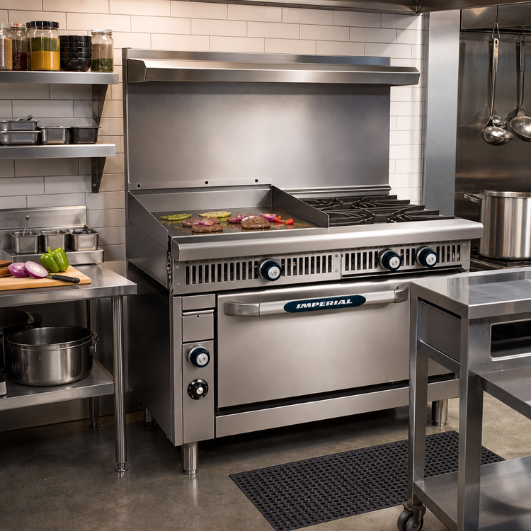 Product image #2 for Imperial Spec Series 36-Inch Heavy-Duty Gas Griddle and Open Burner Range with 24-Inch Thermostatic Griddle, Open Cabinet Base