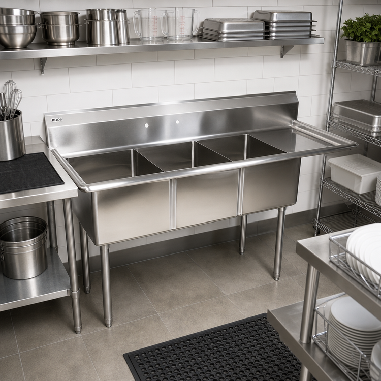 Product image #2 for John Boos E-Series 3-Compartment Sink with Right-Hand Drainboard, 62-1/2-Inch Wide, 18-Gauge 300 Series Stainless Steel