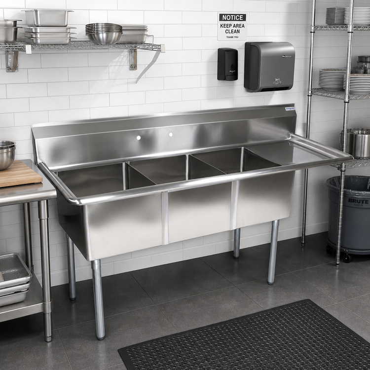 Product image #2 for John Boos E-Series Freestanding 3-Compartment Stainless Steel Sink with Right Drainboard