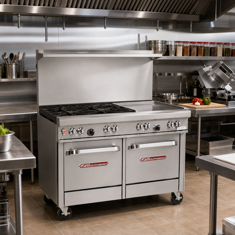 Product image #2 for Southbend Ultimate 48-Inch Gas Restaurant Range with 4 Open Burners, 24-Inch Thermostatic Griddle, Convection Oven and Cabinet Base