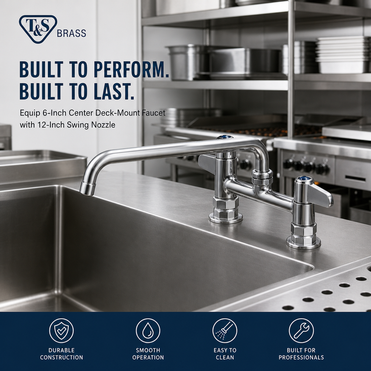 Product image #2 for T&S Brass Equip 6-Inch Center Deck-Mount Manual Faucet with 12-Inch Swing Nozzle and Lever Handles