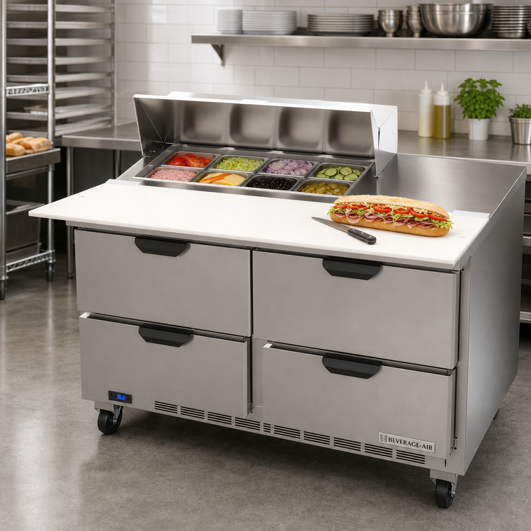 Product image #3 for Beverage Air 48-Inch Two-Section Refrigerated Sandwich Prep Table with 4 Drawers, 8 1/6-Size Pan Top, and 17-Inch Cutting Board