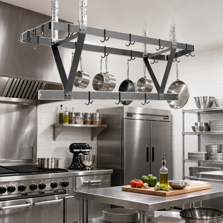 Product image #2 for Eagle Group Ceiling-Mounted Triple-Bar Aluminum Pot Rack with 9 Double-Pronged Hooks, 28 x 20 x 18 Inches