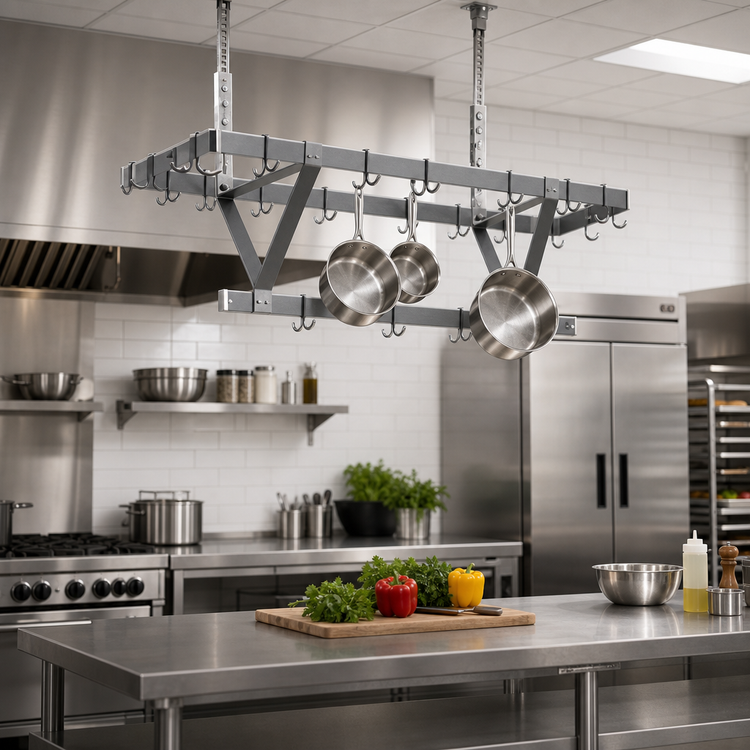 Product image #2 for Eagle Group Ceiling-Mounted Triple-Bar Aluminum Pot Rack with 9 Double-Pronged Hooks, 28 x 20 x 18 Inches