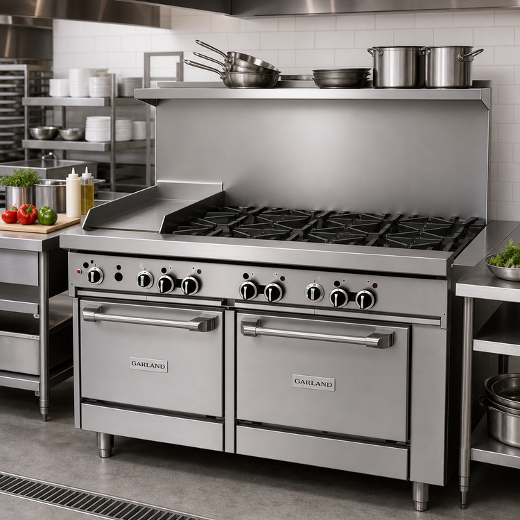 Product image #2 for Garland Starfire Pro 48-Inch Commercial Gas Restaurant Range with 6 Open Burners, 12-Inch Thermostatic Griddle, and 2 Space Saver Ovens