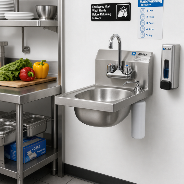 Product image #2 for Eagle Group Wall-Mounted 304 Stainless Steel Hand Sink with Faucet, Basket Drain, and Soap Dispenser, 13-1/2 x 9-3/4 x 6-3/4-Inch Bowl