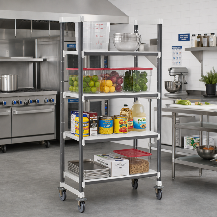 Product image #2 for Cambro Camshelving Elements XTRA High Density Mobile Starter Unit, Solid 4-Tier Polymer Shelving, 24 x 42 x 70-1/4 Inches