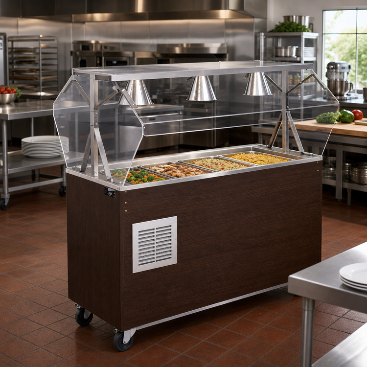 Product image #2 for Vollrath 2-Series Affordable Portable 4-Pan Refrigerated Cafeteria Serving Station with Breath Guard and Walnut Woodgrain Wrapper, 60 x 24 Inch