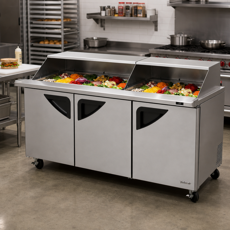 Product image #2 for Turbo Air Super Deluxe 72-5/8-Inch Wide Three-Section Sandwich/Salad Mega Top Prep Table with Slide-Back Lid and 30-Pan Opening