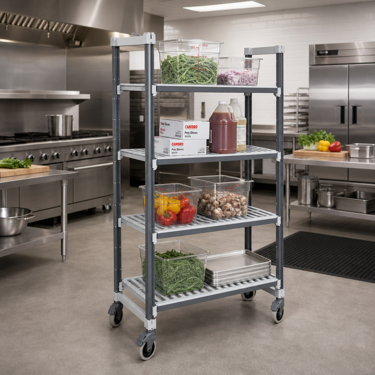 Product image #2 for Cambro Camshelving Elements XTRA 24" x 54" x 78-1/4" 4-Tier Mobile Starter Unit, Vented Polymer Shelving, Speckled Gray