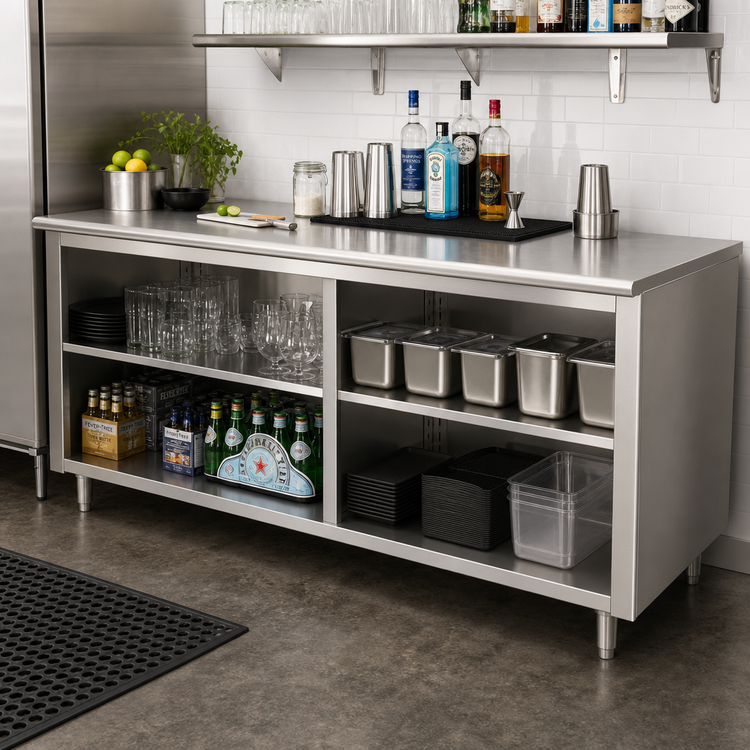 Product image #2 for Advance Tabco Stainless Steel Flat-Top Underbar Work Table with Open Front Cabinet Base and Mid-Shelf, 144"W x 30"D